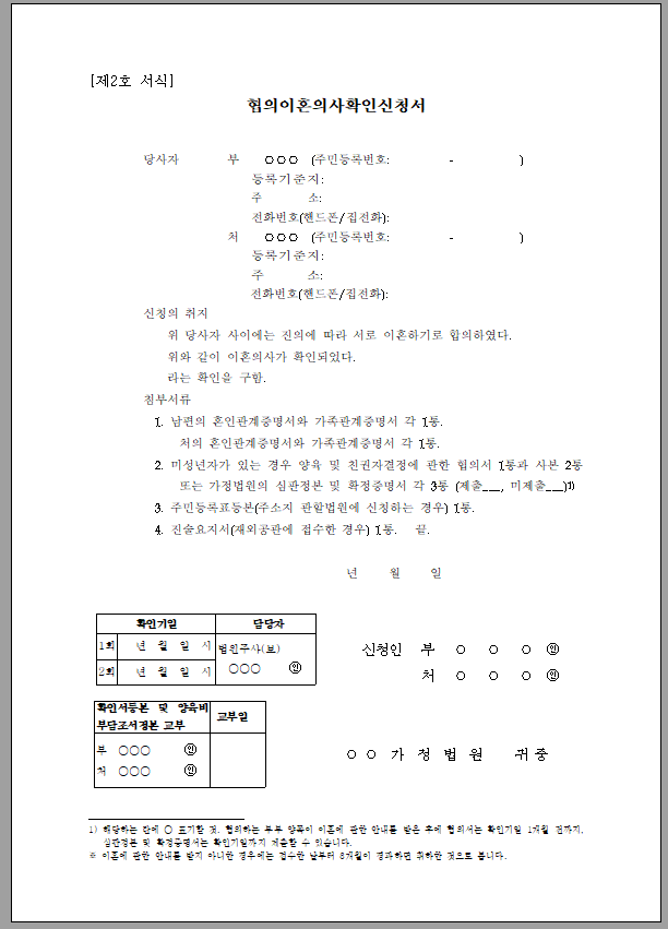 협의 이혼 의사 확인 신청서 (법원 제출용)
