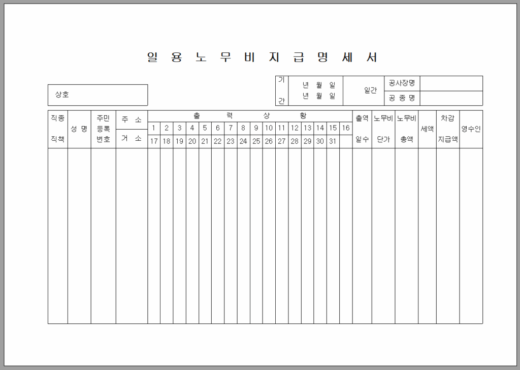 일용 노무비 지급 명세서