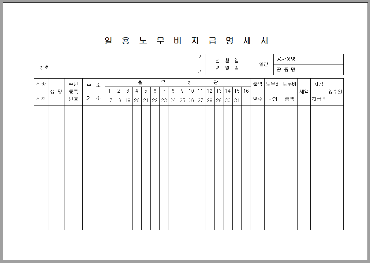 일용 노무비 지급 명세서