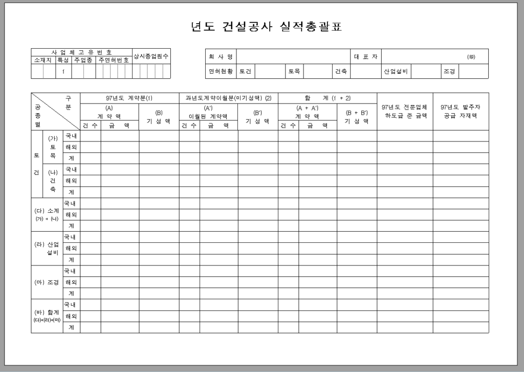 건설 공사 실적 총괄표