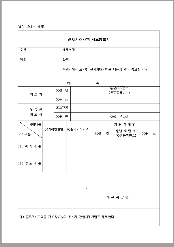 실지 거래 가액 자료 통보서