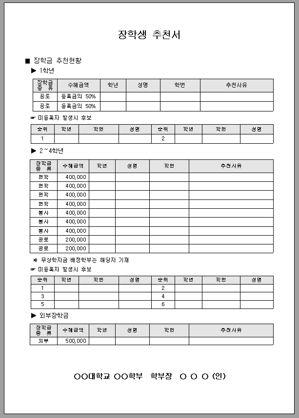 장학생 추천서 (장학금)