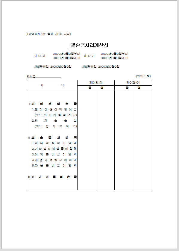 결손금처리계산서