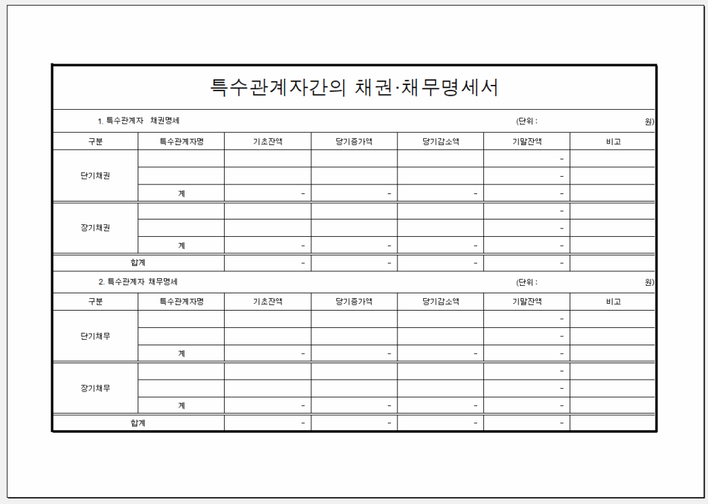 특수 관계자 간의 채권 채무 명세서