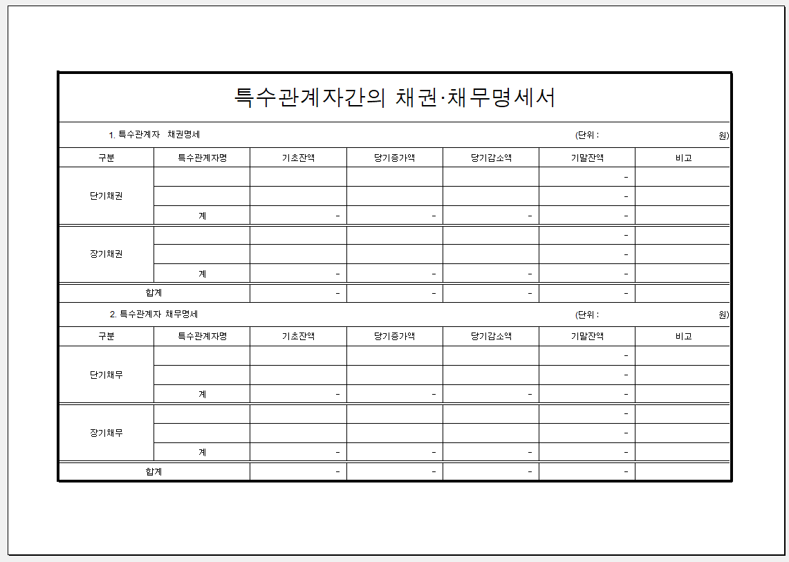 특수 관계자 간의 채권 채무 명세서