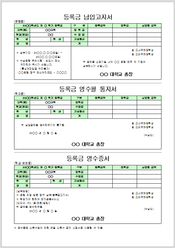 대학 등록금 납입 고지서 영수증