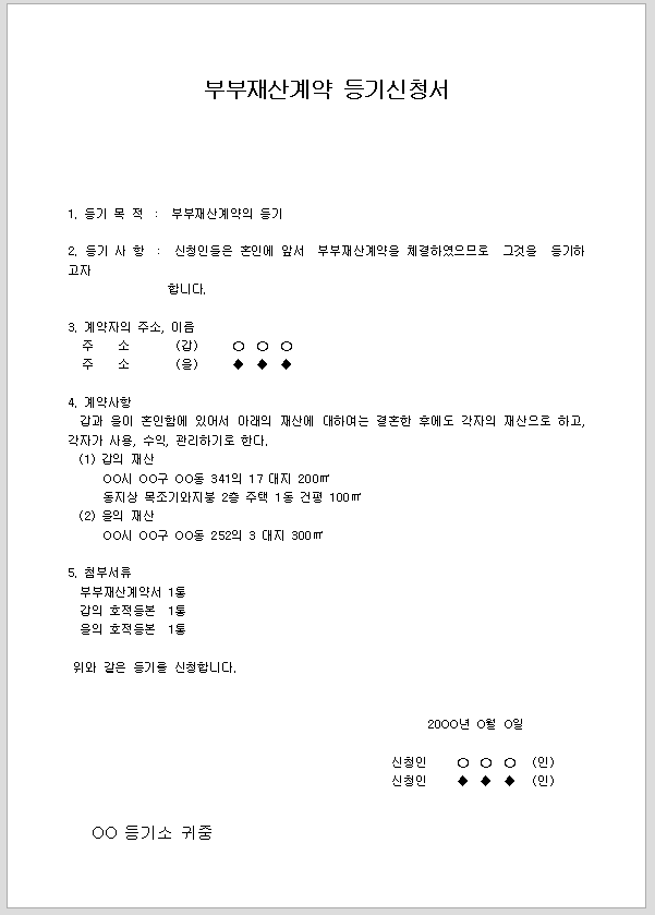 부부 재산 계약 등기 신청서