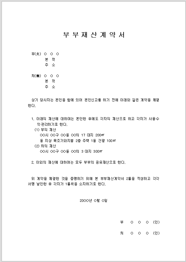 부부 재산 계약서