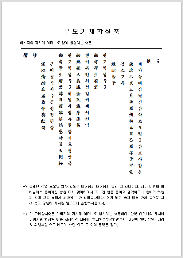 부모 기제 합설 축문