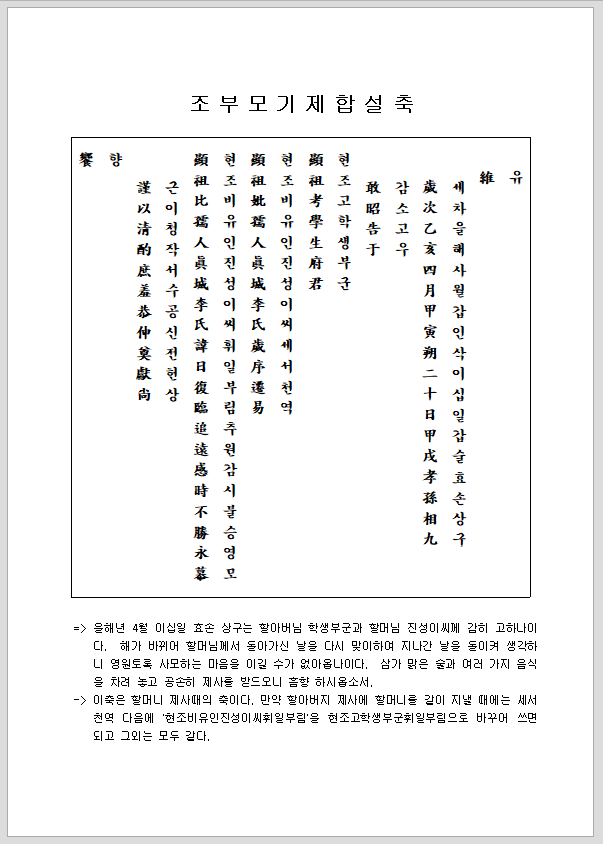 조부모 기제 합설 축문