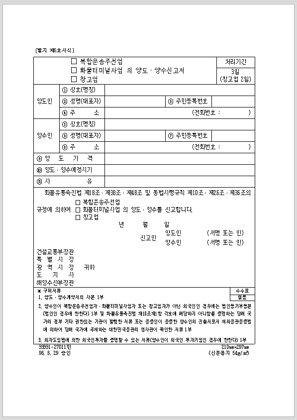 복합 운송 주선업, 화물 터미널 사업의 양도·양수 신고서, 창고업