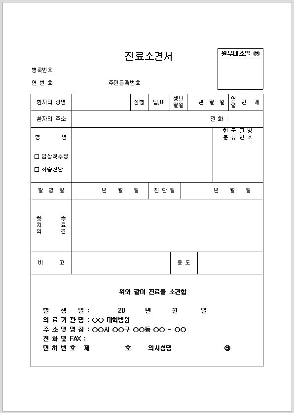 병원진료소견서 (대학)