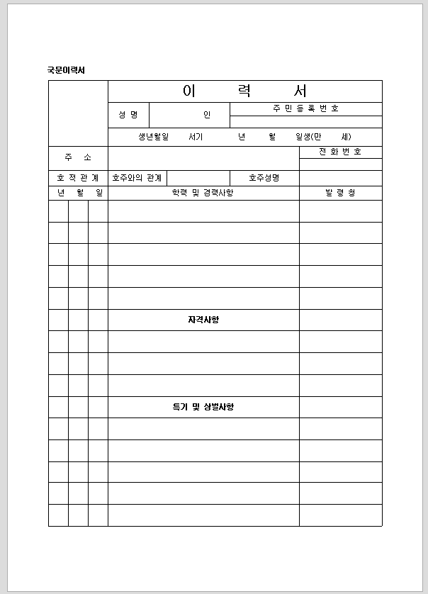 국문 이력서 양식