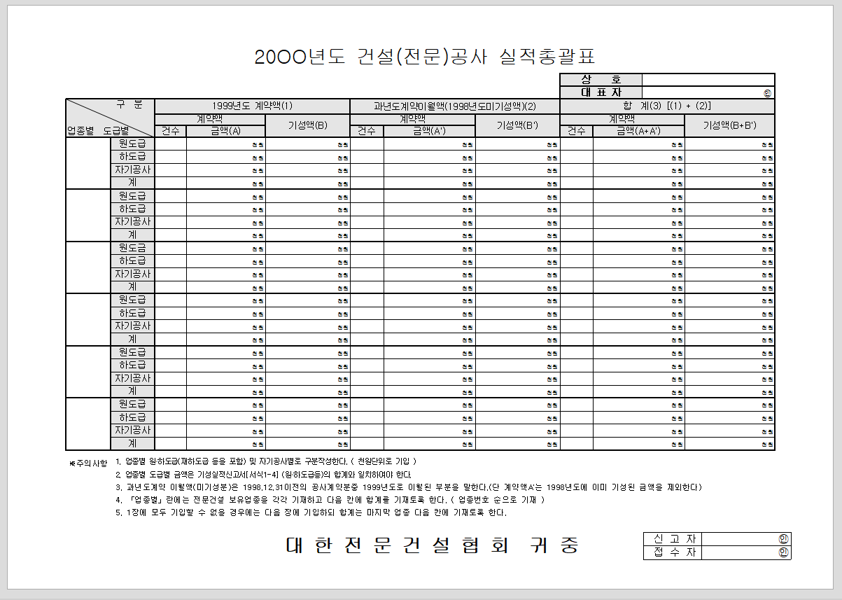 전문 건설 공사 기성 실적 신고서