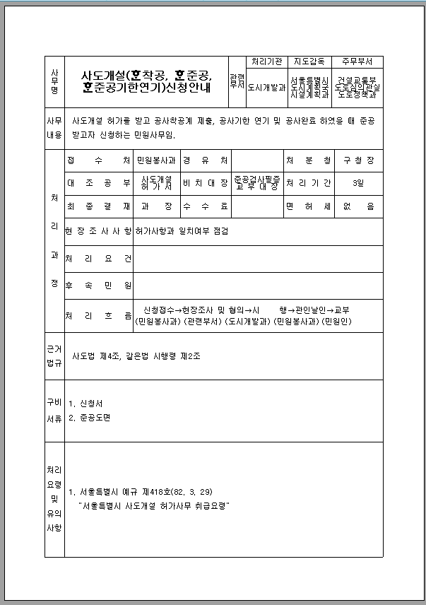 사도 개설 (착공, 준공, 준공 기한 연기) 허가 신청서